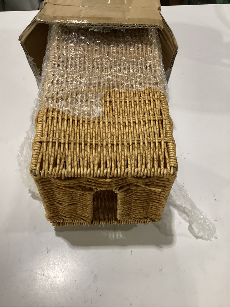 Condition photo showing Good Condition for cable management box, handwoven synthetic rattan cable organizer, 2 side open slots cords hider box, under desk cord organizer for usb wire, tv pc charger & power strip, natural