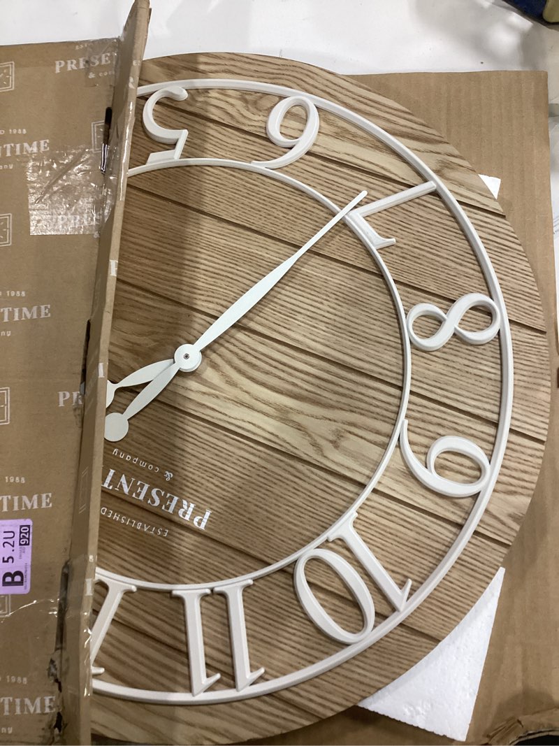 Condition photo showing Good Condition for Presentime & Co Classic Farmhouse Shiplap Clock, 19.5 inch, White Arabic Numerals with Ash Wood Shiplap Style. Large Farmhouse Decor for Living Room, Entryway, Home Office, Wall Décor White With Ash Wood
