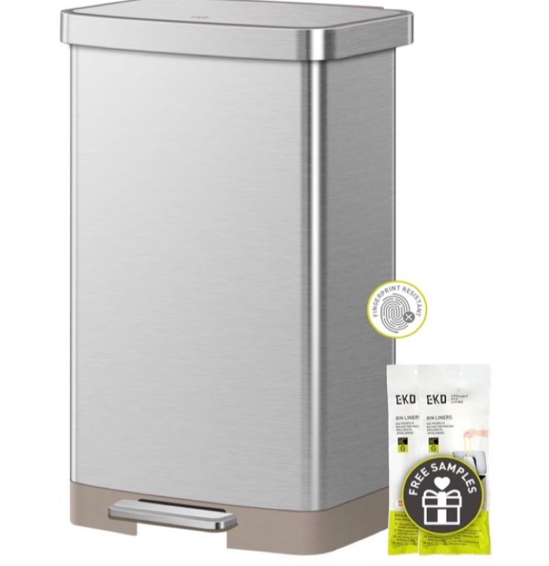 EKO Hudson Matte Stainless 75 Liter/20 Gallon Step Trash Can with Rear Trash Bag Storage Compartment