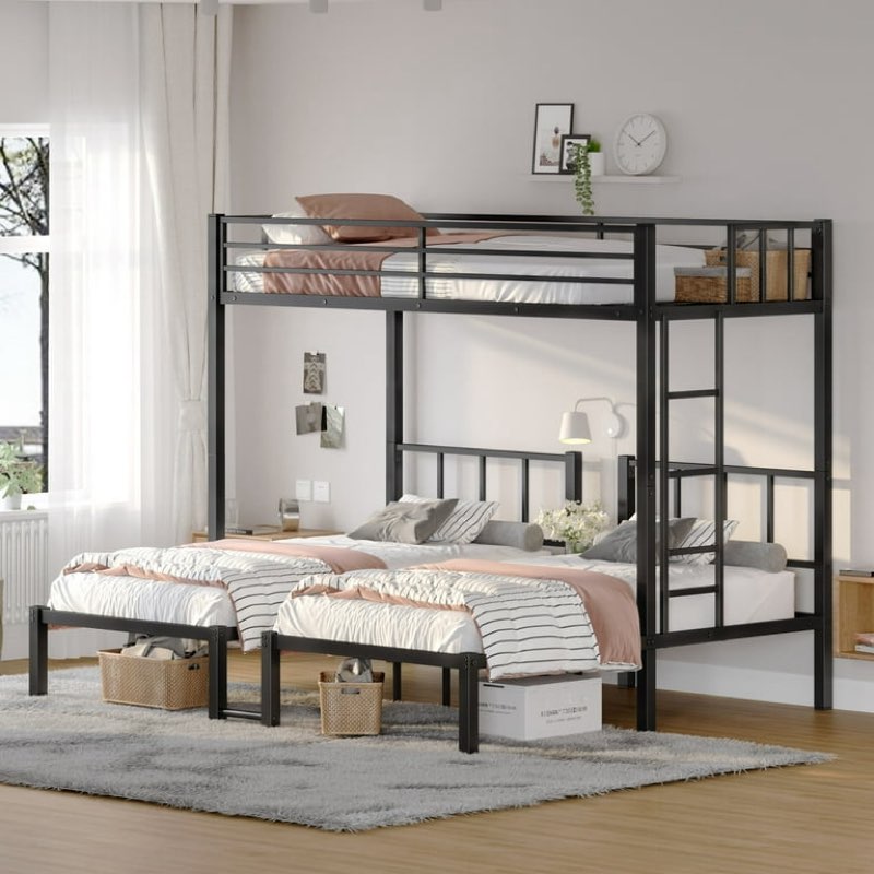 (Incomplete, only 1 box) Twin over Twin & Twin Bunk Beds for 3, Metal Triple Bunk Beds with Sla