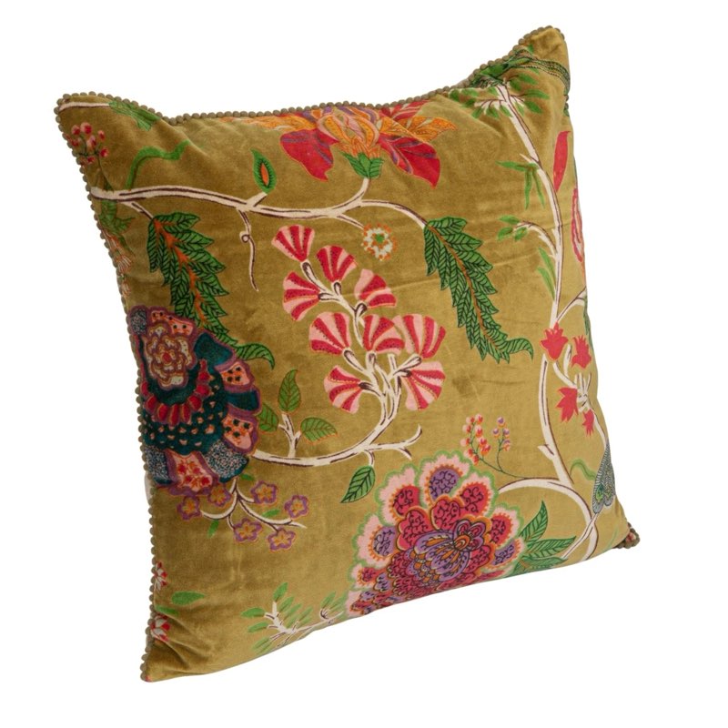 creative co-op cotton blend velvet printed pillow with flowers and mini pom pom trim, multicolor