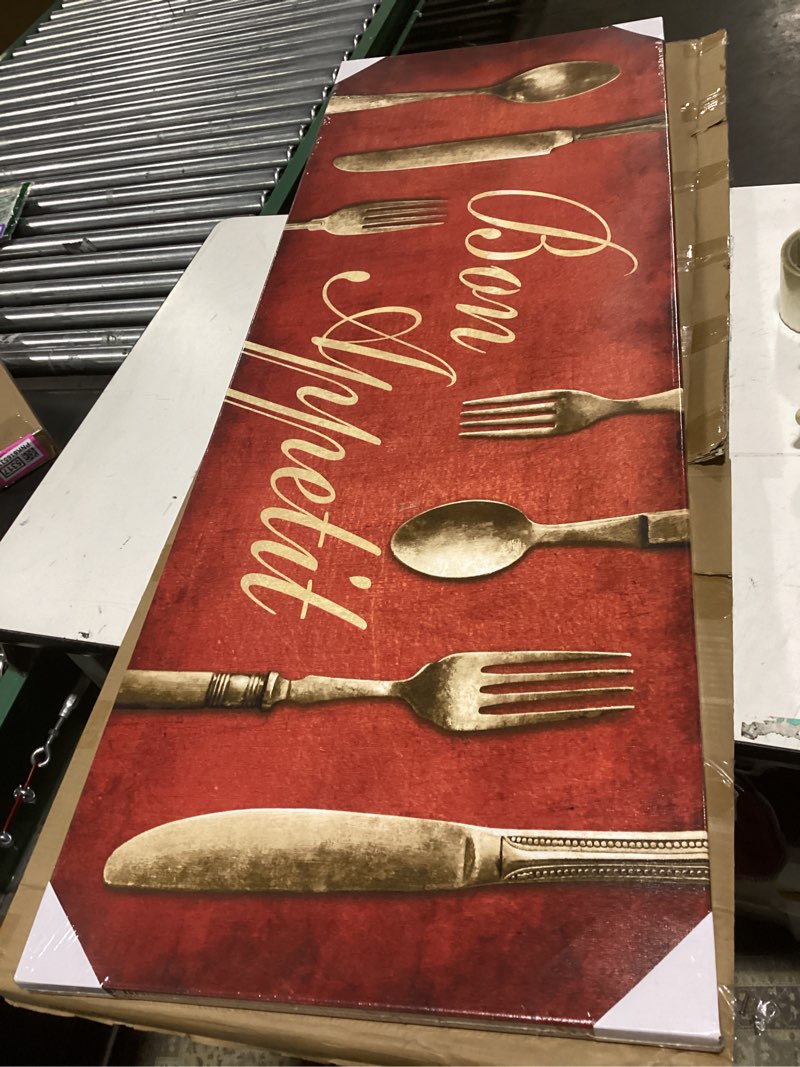 Condition photo showing As Is for kreative arts red bon appetit canvas print with gold fork and spoon design 20x55 inch rustic kitchen wall art for dining room, restaurant, and kitchen decor ready to hang