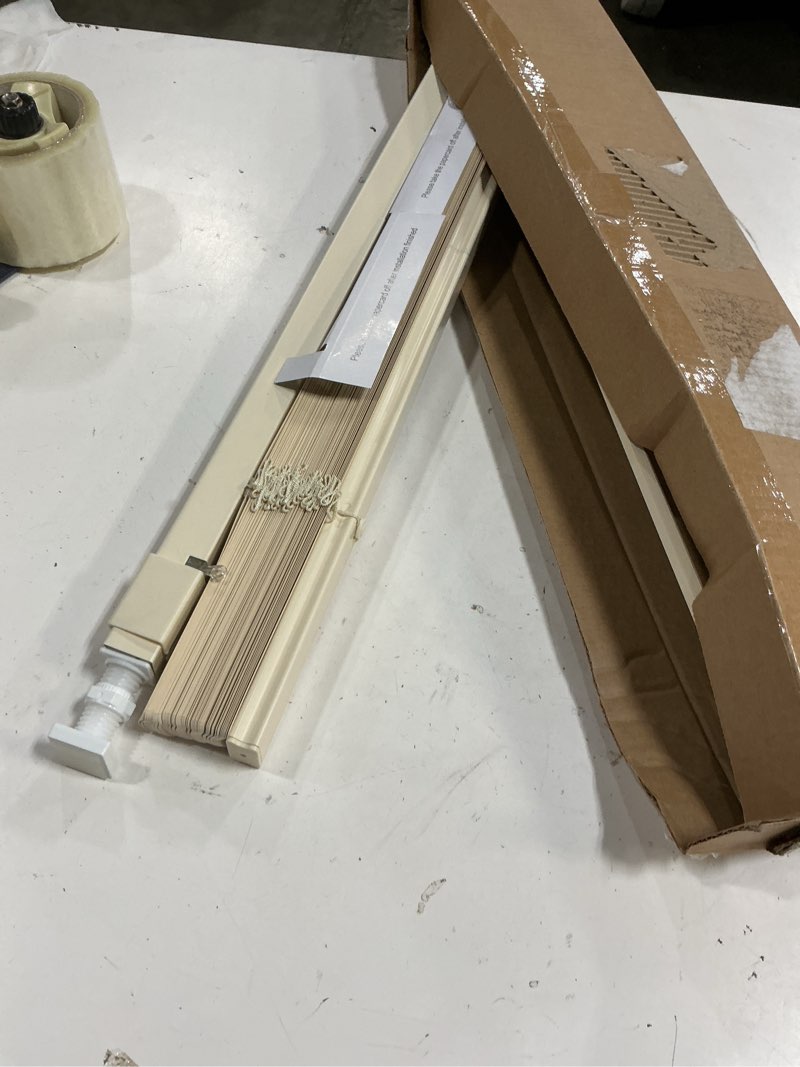 Condition photo showing As Is for lazblinds no drill blinds for indoor windows, cordless 1" vinyl mini blinds, privacy s-curve blinds for windows, room darkening horizontal window blinds and shades for home, 25" w x 48" h, beige beige 25" w × 48" h