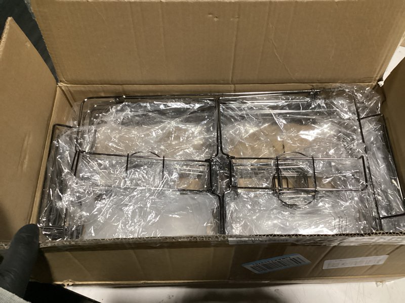 Condition photo showing Good Condition for Geosar 32 Pack Wire Buffet Rack Stand Folding Chafing Stand Chrome Frame Serving Trays Food Warmer with Plastic Tongs Forks and Spoons for Christmas Thanksgiving Home Party Catering Supplies(Black)