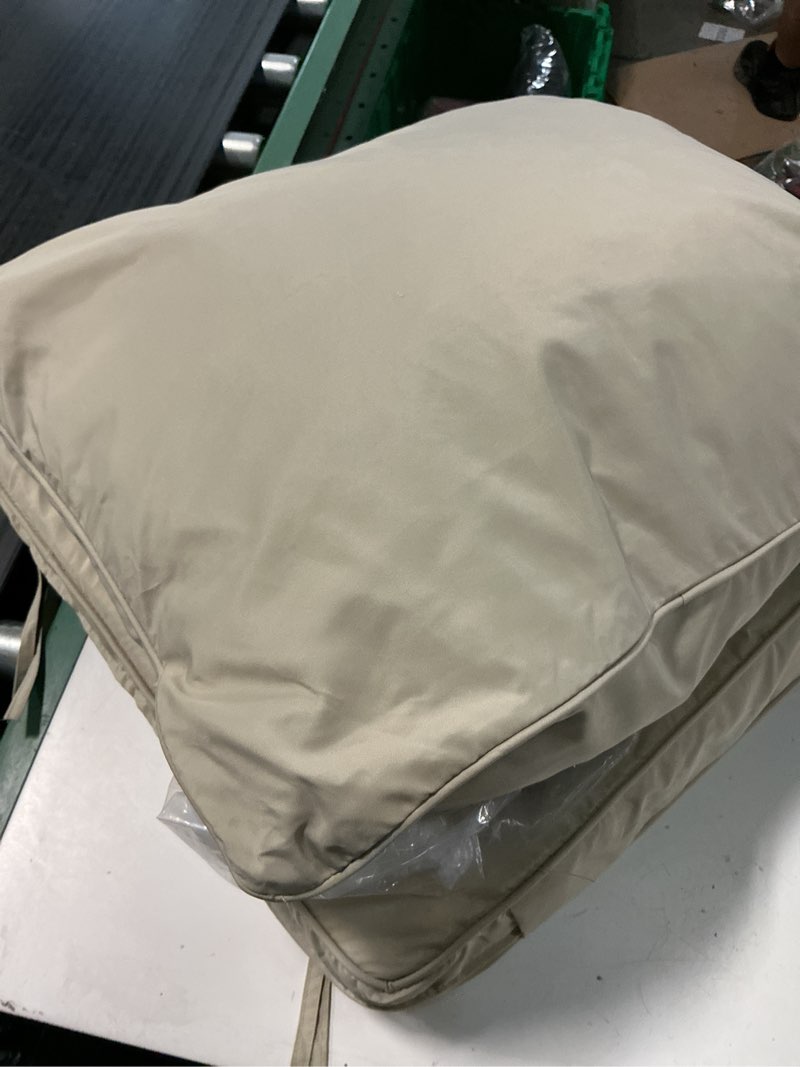 Condition photo showing As Is for 22x22 inch patio chair cushions set of 2, outdoor furniture cushions - removable cover, water-repellent, fade-resistant, non-slip bottom & straps, replacement for lawn, porch & deck chair - cream cream 2 pack | 22''x22''
