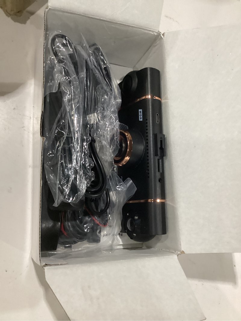 Condition photo showing As Is for 4k+1080p*3 fhd car camera, 4 channel 360° dash cam front rear inside & left right, 5ghz wifi & app control, 24h parking mode, g-sensor, 8 ir lamps night vision, loop recording, includes 64gb sd card
