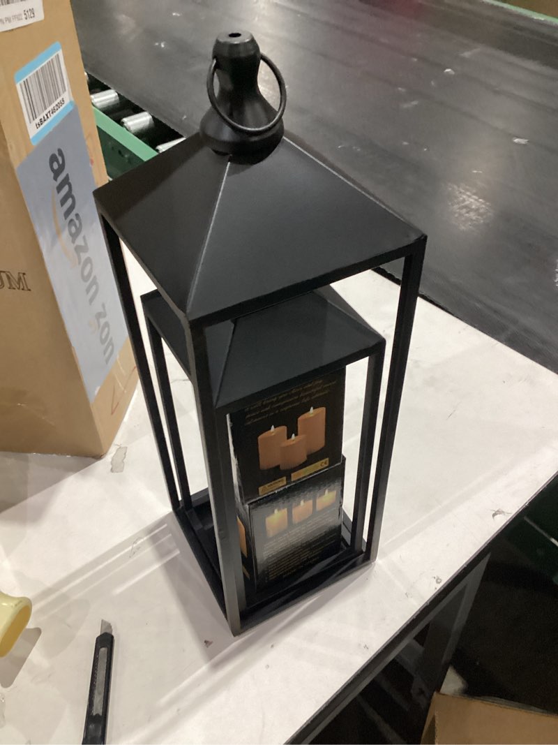 Condition photo showing Good Condition for Modern Farmhouse Lanterns Decorative Indoor & Outdoor, 17" 13" Set of 2 Black Vintage Lantern with Flameless Candles, Metal Halloween Lantern Decor for Room, Porch, Mantle, Patio, Home Decor Black 17 and 13in