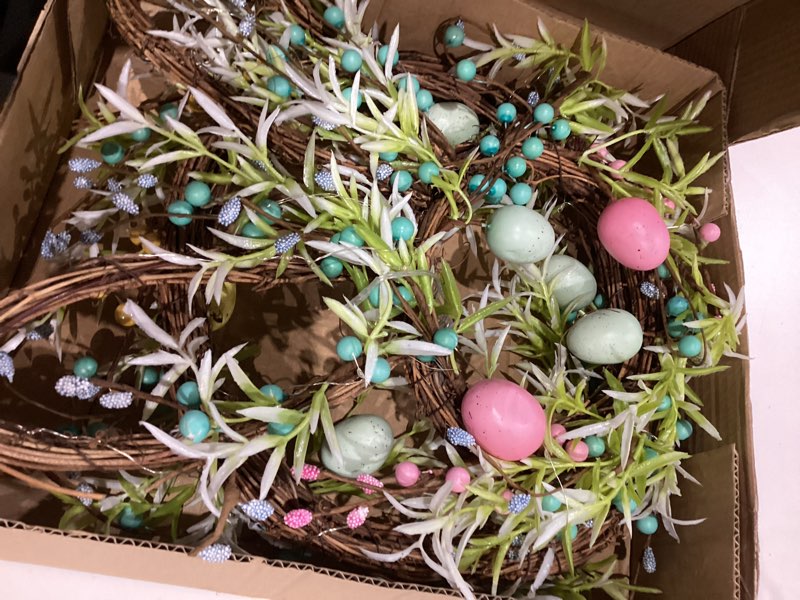 Condition photo showing Good Condition for [Timer] Easter Bunny Wreath for Front Door, Lighted Easter Wreaths with 30 LED Warm Lights, Foldable Bunny Wreaths, Pre-Lit Easter Egg Wreath for Spring Decor Green Leaves&blue Berries&pastel Eggs 11.82’’Lx2.36’’Wx26’’H