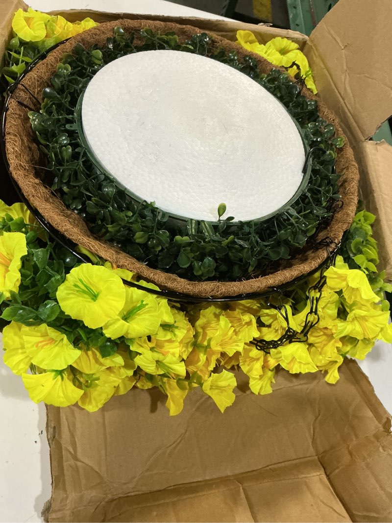 Condition photo showing Good Condition for artificial fake hanging flowers plants baskets for spring outdoors decor, faux silk morning glory in planter uv resistant realistic outside flowers for outdoor porch patio balcony yard home, yellow 12 bundles b yellow