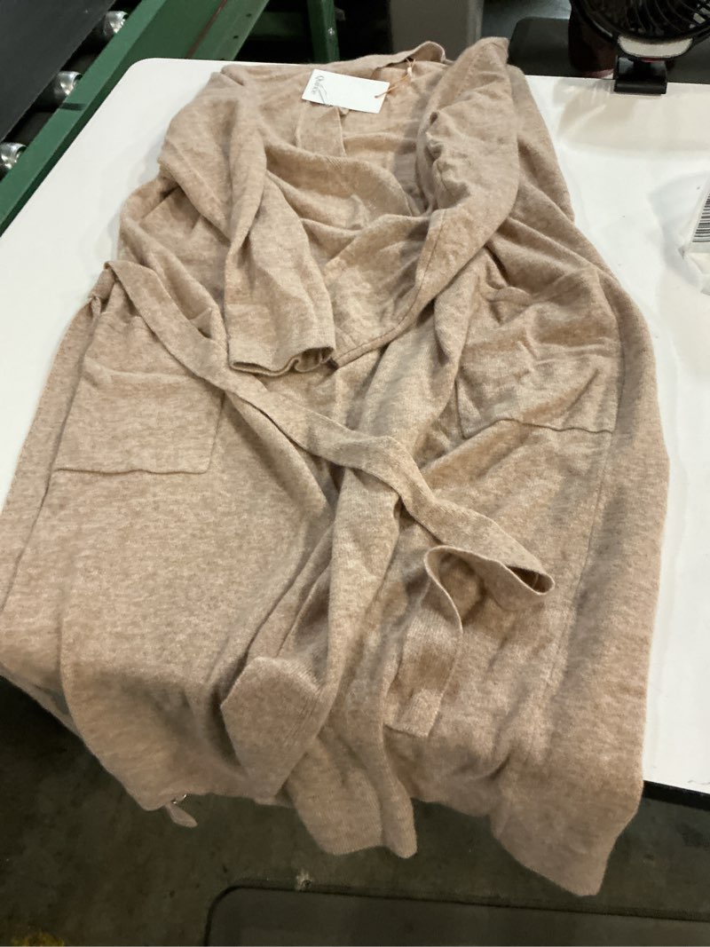 Condition photo showing Good Condition for quince women's 100% mongolian cashmere robe oatmeal brown tan size large