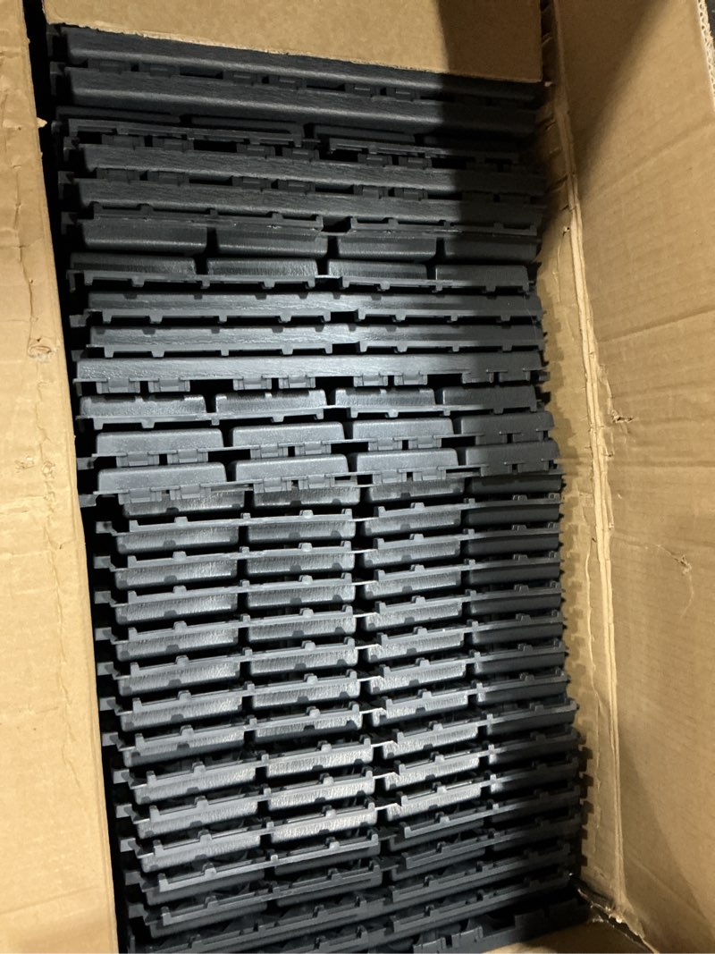 Condition photo showing Good Condition for 9 sq. ft plastic interlocking deck tiles, 9 pack patio deck tiles, 12"x12" waterproof outdoor flooring all weather use, patio floor decking for porch poolside balcony backyard, grey 9 grey