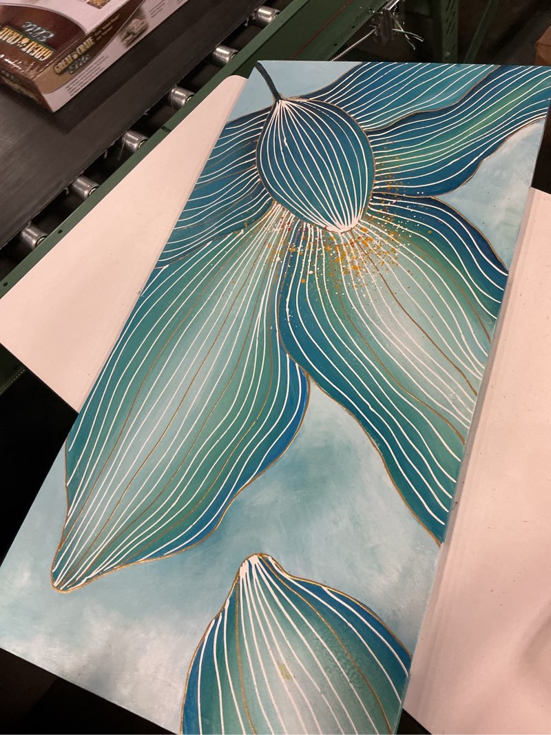 Condition photo showing Good Condition for oil paintings on canvas wall art flower, hand painted texture abstract teal lotus traditional chinese floral contemporary 3d wall art unframed large vertical artwork for living room home,48x60