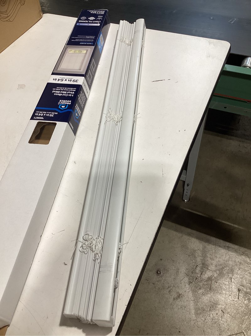 Condition photo showing As Is for project source light filtering 1-in slat width 39-in x 64-in cordless white vinyl light filtering mini-blinds