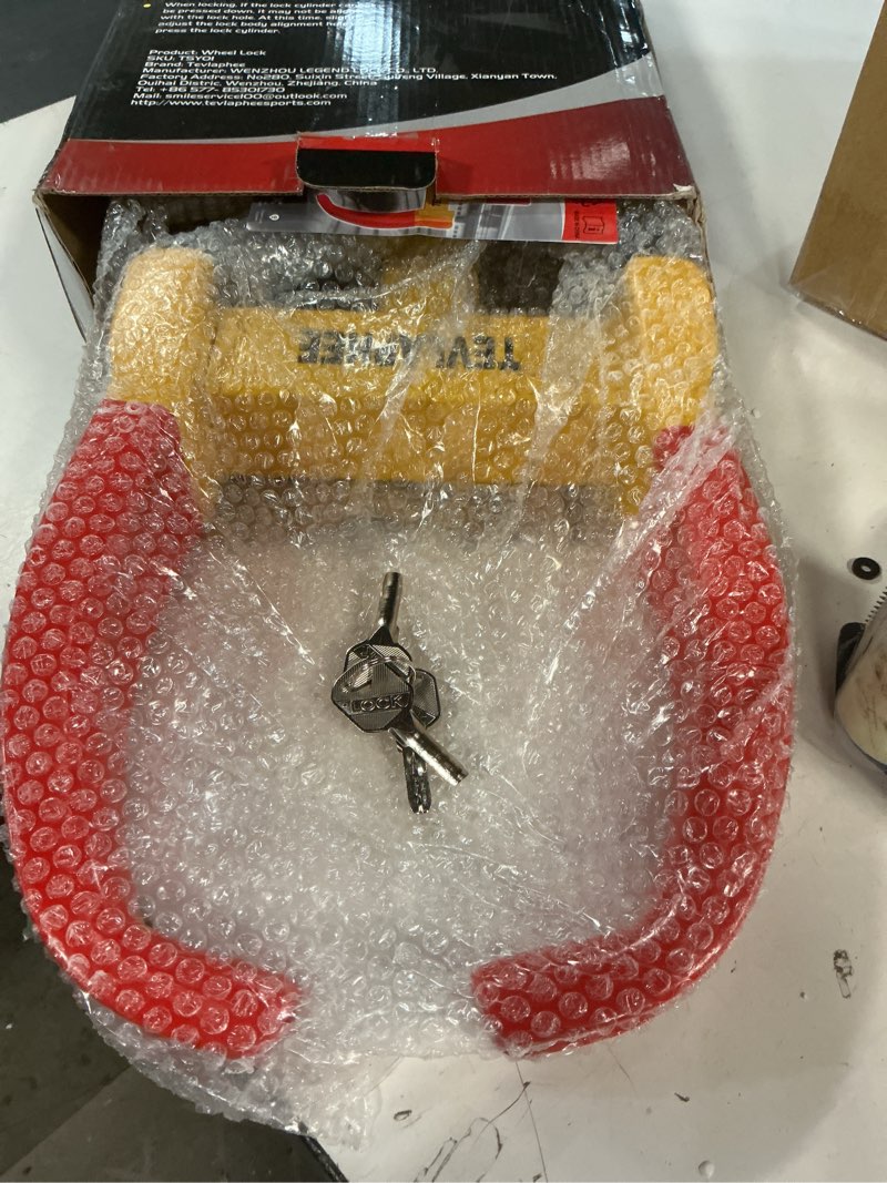 Condition photo showing New/Like New for tevlaphee universal wheel lock heavy duty security trailer wheel lock anti theft wheel locks for cars suv camper motorcycle trailer great deterrent bright color with 3 keys (red-yellow)