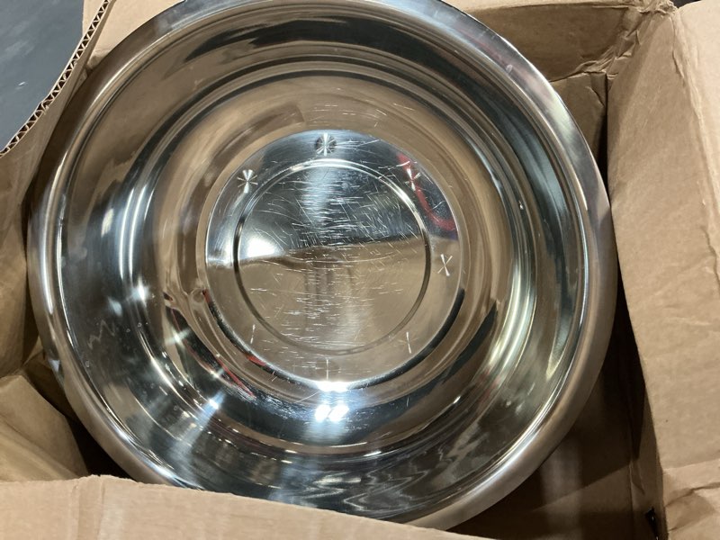 Condition photo showing As Is for Nuogo 4 Pcs Stainless Steel Mixing Bowls Metal Mixing Bowls Extra Large Basin Salad Basin Deeper Edge Dishwasher Safe Mirror Finish for Home and Commercial, Silver (18 Inch 16 Qt) 4 18 Inch (16 Qt)