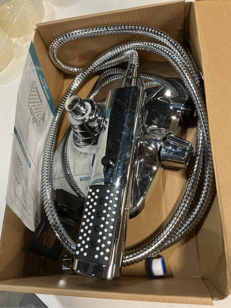 Condition photo showing As Is for jdo high pressure rain shower head with handheld spray, 7 modes dual shower head combo, 10 inch rainfall showerhead detachable, power wash for bathroom cleaning