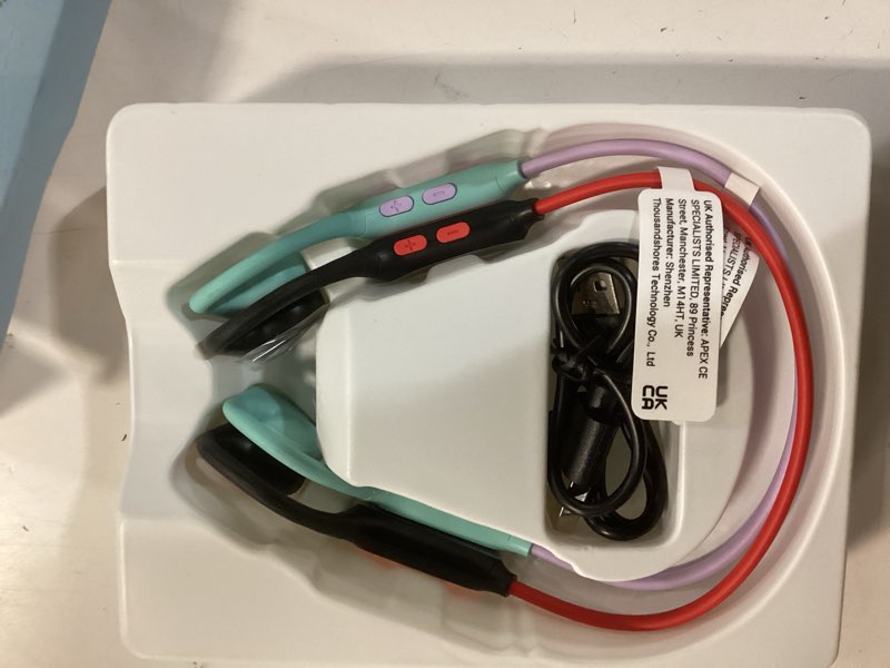 Condition photo showing Good Condition for iclever kids headphones, bluetooth 5.4 air conduction open ear headphones, safe volume 74&85 dba, clear audio, 360° bending, ultra-light comfortable kids bluetooth headphones for ipad/outdoor/sports red & purple