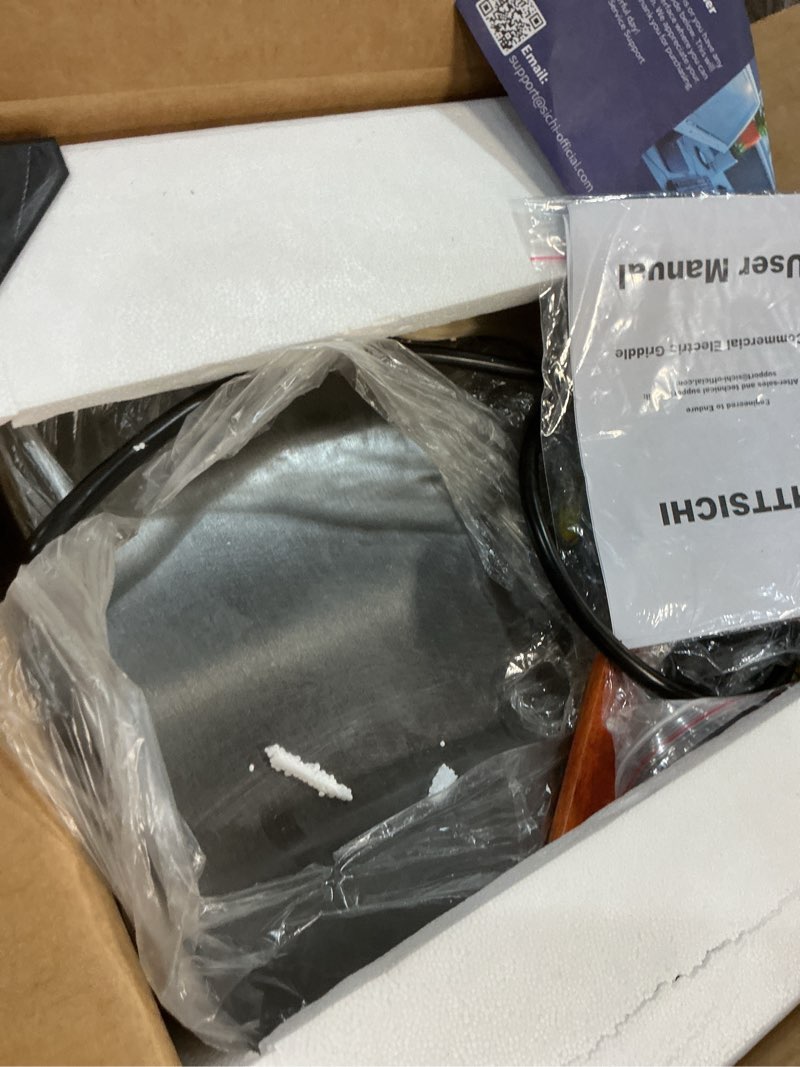 Condition photo showing As Is for 14’’ commercial electric griddle - electric cast iron griddle w/stainless steel material and non-stick, 110v commercial griddle w/ 1/2" thick iron cooking plate for indoor and restaurant 14 inch
