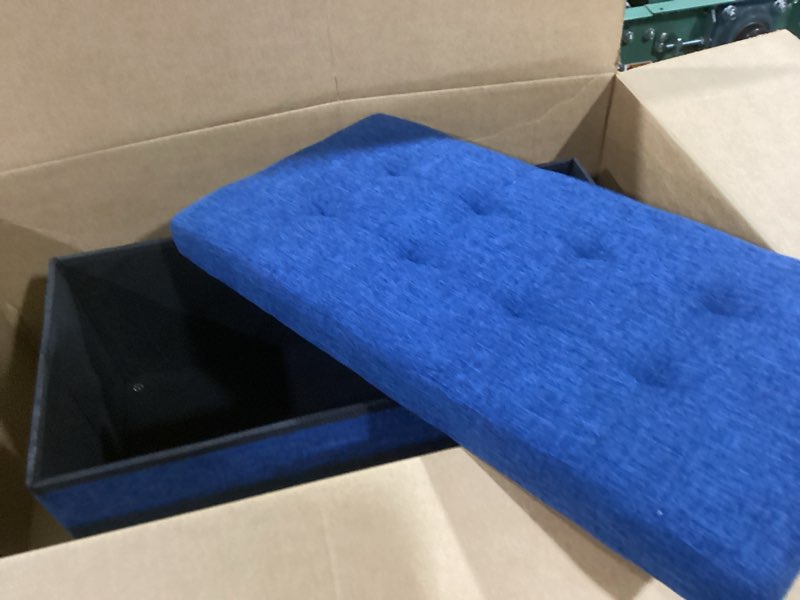 Condition photo showing Good Condition for 30 Inches Storage Ottoman Bench, Storage Bench with Wooden Legs for Living Room Ottoman Foot Rest Removeable Lid for Bedroom End of Bed, Linen Fabric, Folding Blue Ottoman