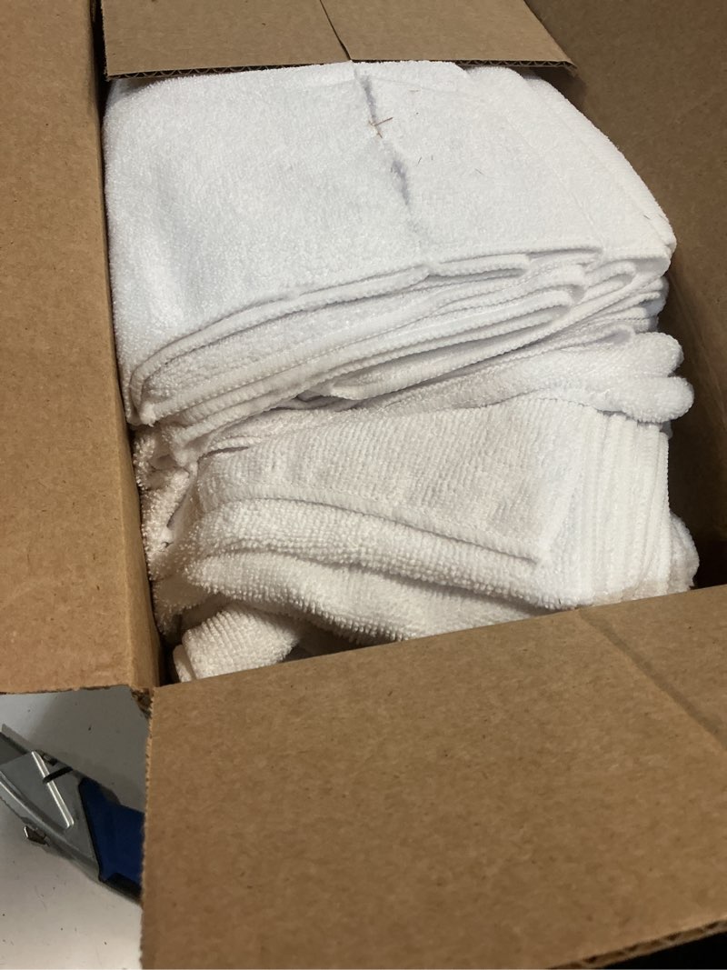 Condition photo showing As Is for unimade 24 pack hand towels set - highly absorbent and quick drying microfiber gym towels, premium wash cloths for bathroom, salon, gym, shower, hotel, and spa - 16x27 inch (white) white 24 pack