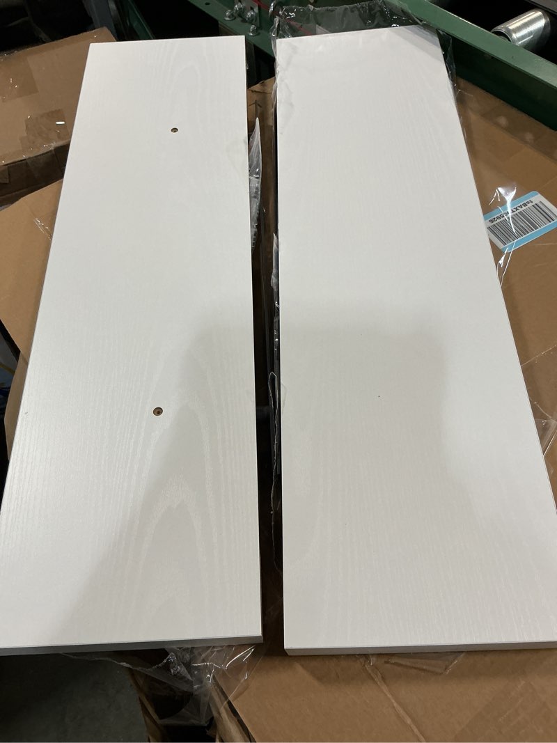 Condition photo showing As Is for dreamland 24 inch long floating shelves in white,6.7 inch deep floating shelf for wall,large display & storage shelf, wall shelf for bathroom bedroom living room kitchen office?set of 2 white 24"w x 6.7"d, set of 2