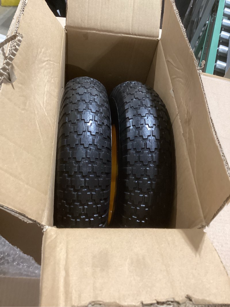Condition photo showing As Is for 4.80/4.00-8 Tire and Wheel,16”Solid Tires,Excellent quality and High performance,Wheelbarrow Wheel with 3”-7”Centered Hub,5/8"&3/4" Bearing,Fit for Wheelbarrow/Wagon/Trolley/Garden Cart etc.(2packs)