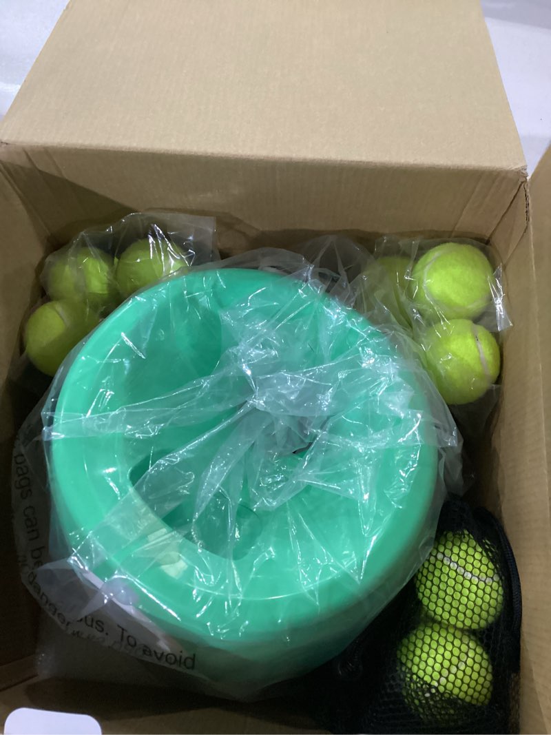 Condition photo showing Good Condition for mekaple automatic dog ball launcher, dog ball thrower with 15 mini tennis balls sizing 2 inch and mesh bag, interactive dog toys tennis ball launcher for small dogs with 3 distance settings green