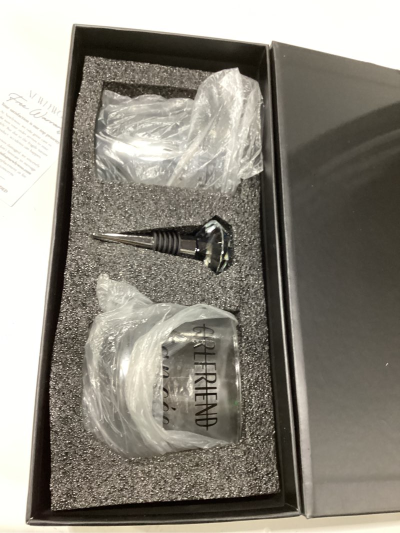 Condition photo showing As Is for engagement gifts for couples - unique fiance gift for him or her! whiskey wine glasses with diamond wine stopper fiancé glasses