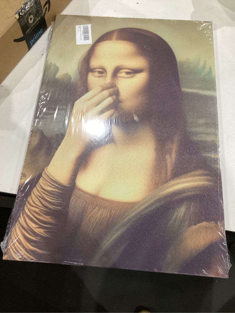 Condition photo showing New/Like New for funny mona lisa bathroom canvas wall art pinching nose wall decor mona lisa classical painting picture humor amusing toilet art vintage whimsical poster print for bathroom home decoration 16x24in mona lisa 1 16x24in