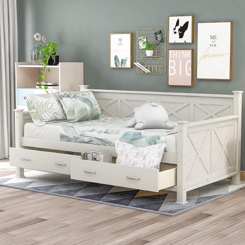 twin size daybed with 2 storage drawers, wood daybed with drawers, modern and rustic casual style twin daybed frame for kids boys girls teens adults, no box spring needed (cream white)