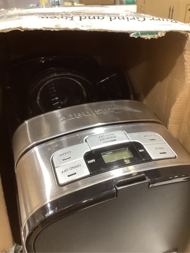 Condition photo showing As Is for cuisinart automatic grind & brew 12-cup coffee maker with blade grinder, programmable coffee machine glass carafe with 1-4 cup setting, brew pause, grind-off option, dgb-400nas, black/stainless steel 12-cup glass automatic grind & brew black/stainless