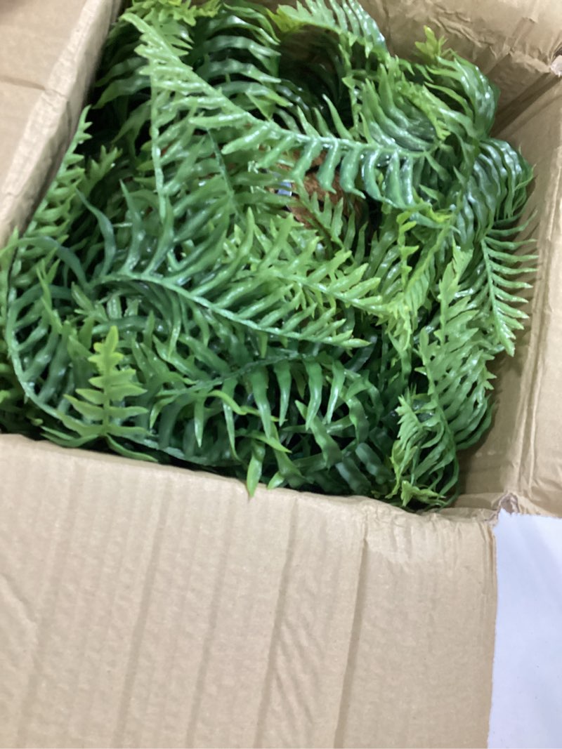Condition photo showing Good Condition for 2 set fake ferns with hanging baskets, realistic fake hanging plants, uv resistant artificial ferns outdoor faux plants for front porch patio garden home décor, no assembly required