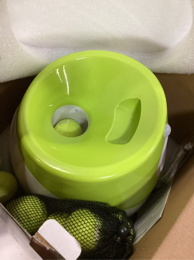 Condition photo showing Good Condition for automatic dog ball launcher, dog ball thrower machine with 10-30ft 3 launching distance, interactive toys for small dogs indoor & outdoor with 15 mini tennis balls-2 inch light green