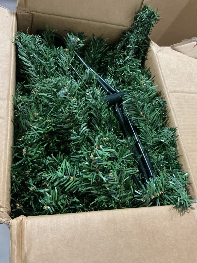 Condition photo showing As Is for suunyglade 5.5ft green artificial christmas tree, premium hinged pine tree with solid foldable metal legs, pencil shape christmas tree perfect for home, shops and holiday decoration 5ft 6in