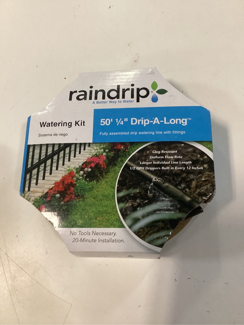 Condition photo showing New/Like New for raindrip r280dt drip-a-long™ 1/4 in. dripline kit includes 50 feet of 1/4-inch dripline preassembled with 1/2 gph drippers, 5 barbed tees, 5 barbed elbows, 5 barbed couplings, 5 end plugs drip-a-long no timer