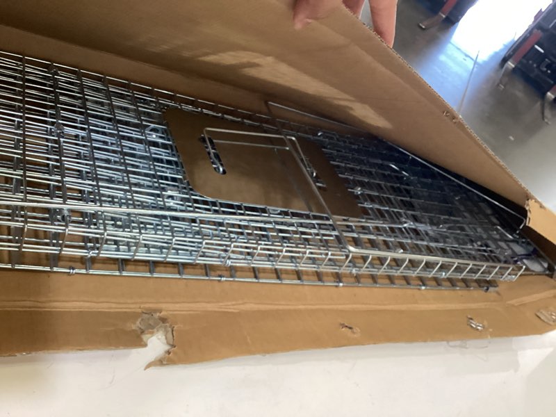 Condition photo showing As Is for 26" live animal trap, heavy duty humane cat trap with gloves, catch and release animal live traps cage for stray cat, squirrel, rabbit, beavers, possum, skunk, groundhog, raccoon 26"x9"x9.84"
