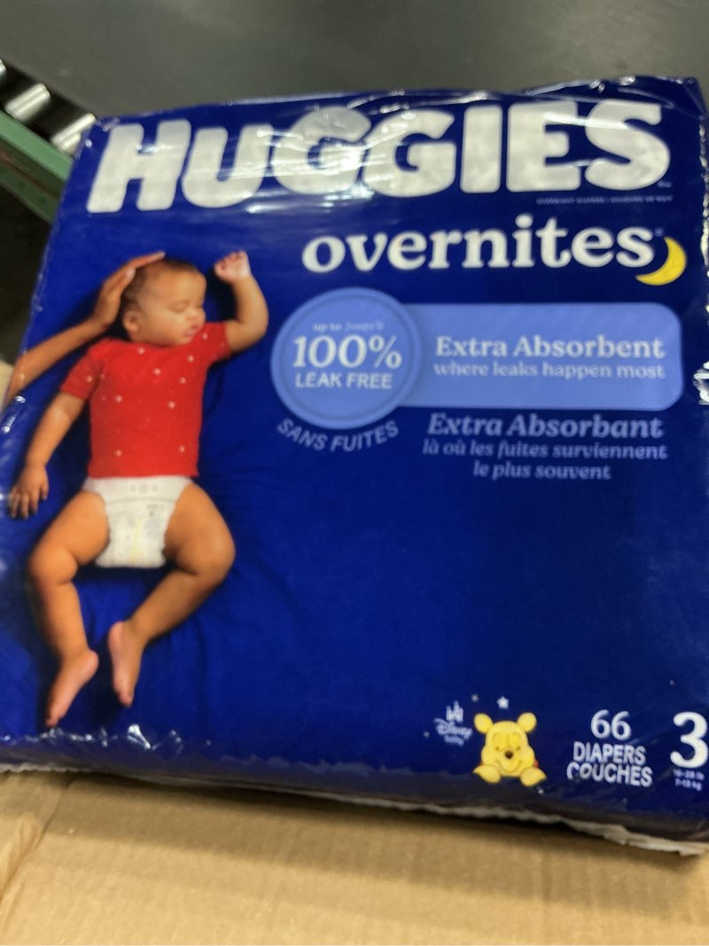 Condition photo showing New/Like New for huggies size 3 overnites baby diapers: overnight diapers, size 3 (16-28 lbs), 132 ct (2 packs of 66), packaging may vary size 3 132