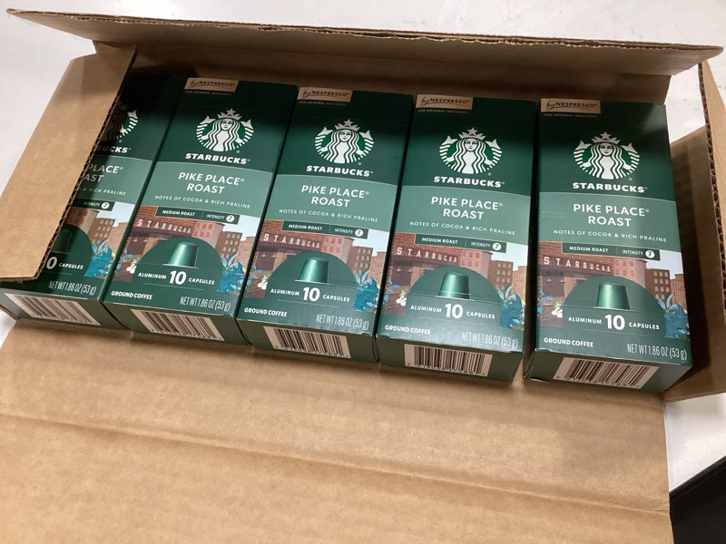 Condition photo showing New/Like New for (EXP:04/14/2026) Starbucks by Nespresso Original Line, Pike Place, Medium Roast Coffee, 50-count Espresso Pods Unflavored 10 Count (Pack of 5)