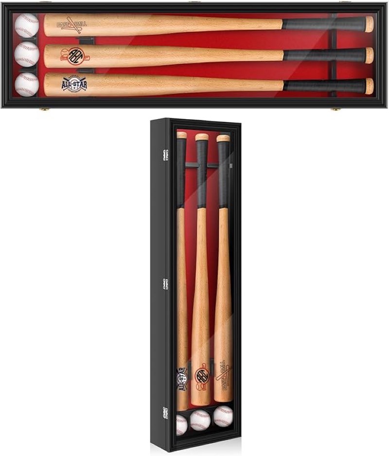 Baseball Bat Display Case Wall Mounted Shadow Box Vertical or Horizontal UV Protection Display Boxes with Acrylic Transparent Door Holder for Collector Memorabilia