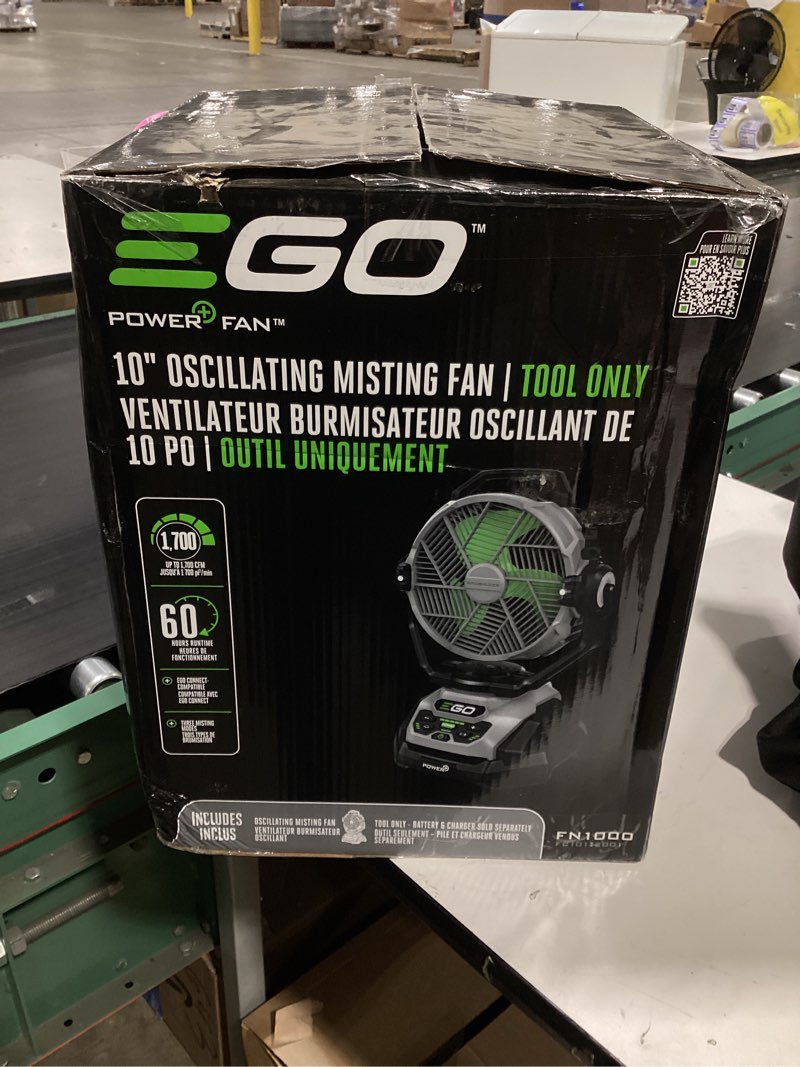 Condition photo showing As Is for ego 10-in high velocity indoor/outdoor oscillating misting jobsite fan