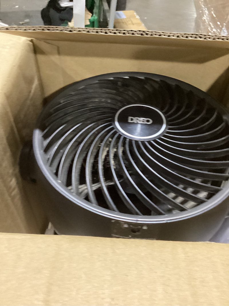 Condition photo showing As Is for dreo fan for bedroom, 12 inches, 70ft powerful airflow, 25db quiet table air circulator fans for whole room, 120° adjustable tilt, 3 speeds, desktop fan for home, office, kitchen black
