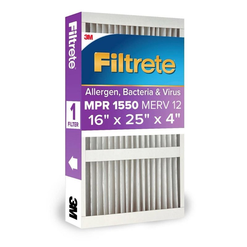 filtrete 16" x 25" x 4" allergen bacteria and virus deep pleat air filter 1550 mpr: merv 12 electrostatic furnace filter