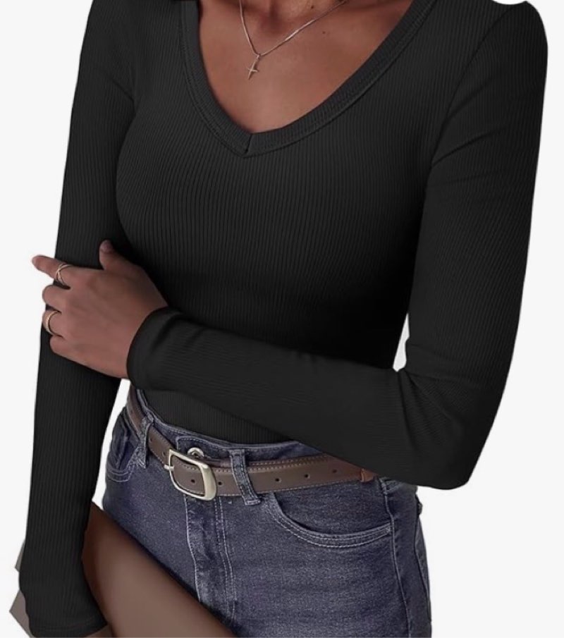 RICHSTORY Womens Long Sleeve Tops 2025 Fall Fashion V Neck Ribbed Knit Shirts Slim Fit Casual Basic 