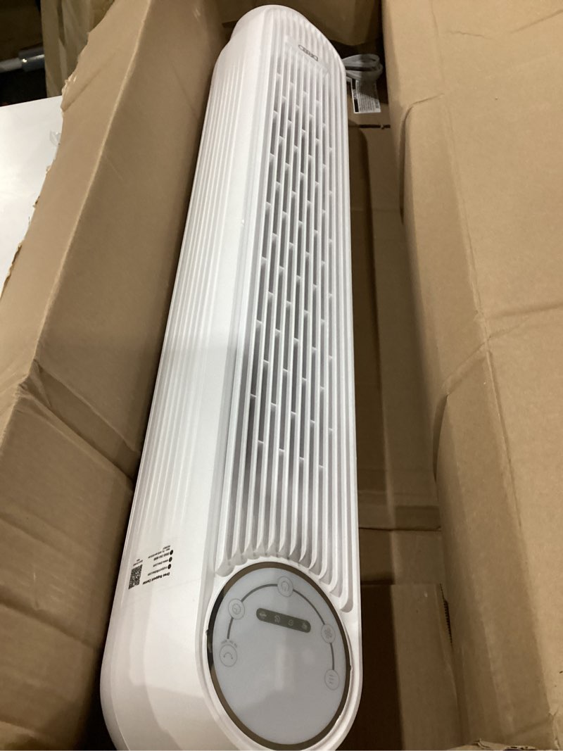 Condition photo showing As Is for used not tested dreo tower fan for bedroom, 25ft/s smart standing fans, 90° oscillating floor fan with 4 modes, 4 speeds, 8h timer, 28db, bladeless, remote, works with wifi voice control white