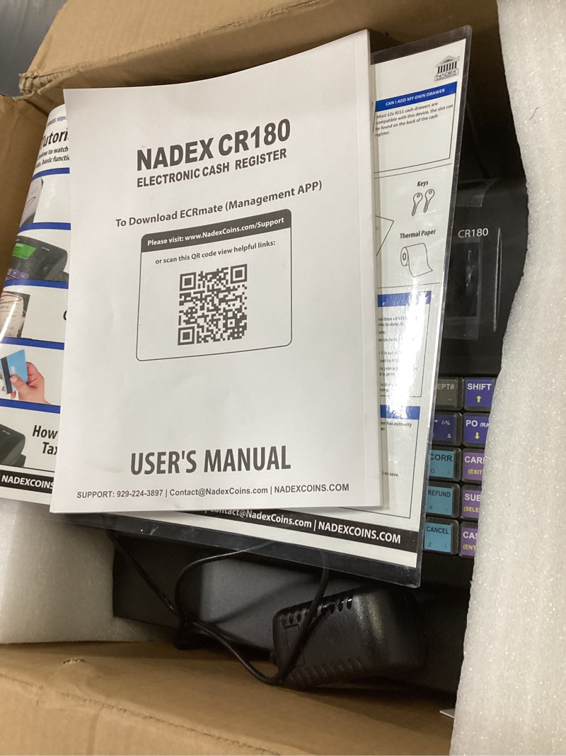 Condition photo showing New/Like New for Nadex CR180 Electronic Cash Register, Steel Cash Drawer, Compact Design, Black