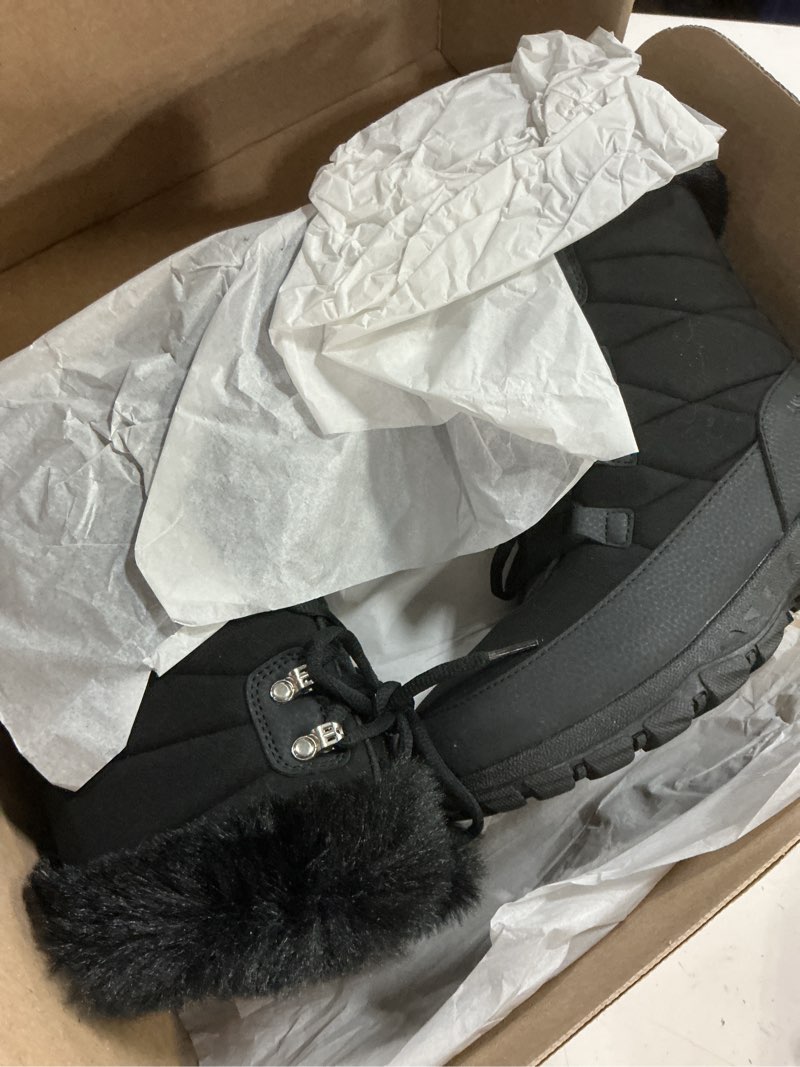 Condition photo showing New/Like New for lands' end expedition waterproof insulated womens snow boots, lace up or slip on winter boots for women, medium or wide width sizes 6 to 11, black, brown, blue, white or grey winter shoes 9 wide black max
