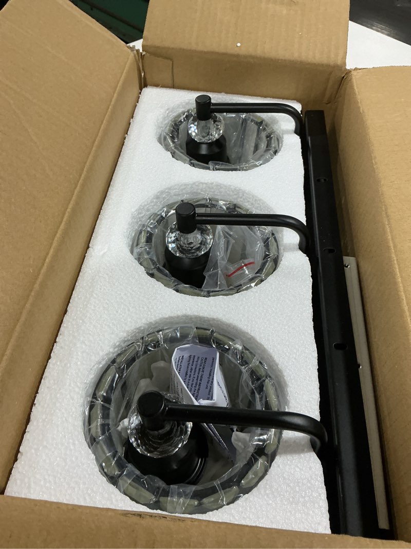 Condition photo showing Good Condition for 3-light black bathroom light fixtures over mirror modern vanity lights crystal wall sconce vintage bathroom lighting with crystal shade e26 base for bedroom, living room, hallway black 3-lights
