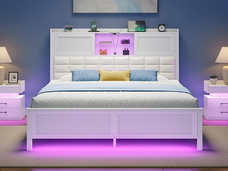 rolanstar bed frame full size with charging station, bookcase headboard bed with led light and sliding doors, platform bed with wooden slats, no box spring needed, noise free, white