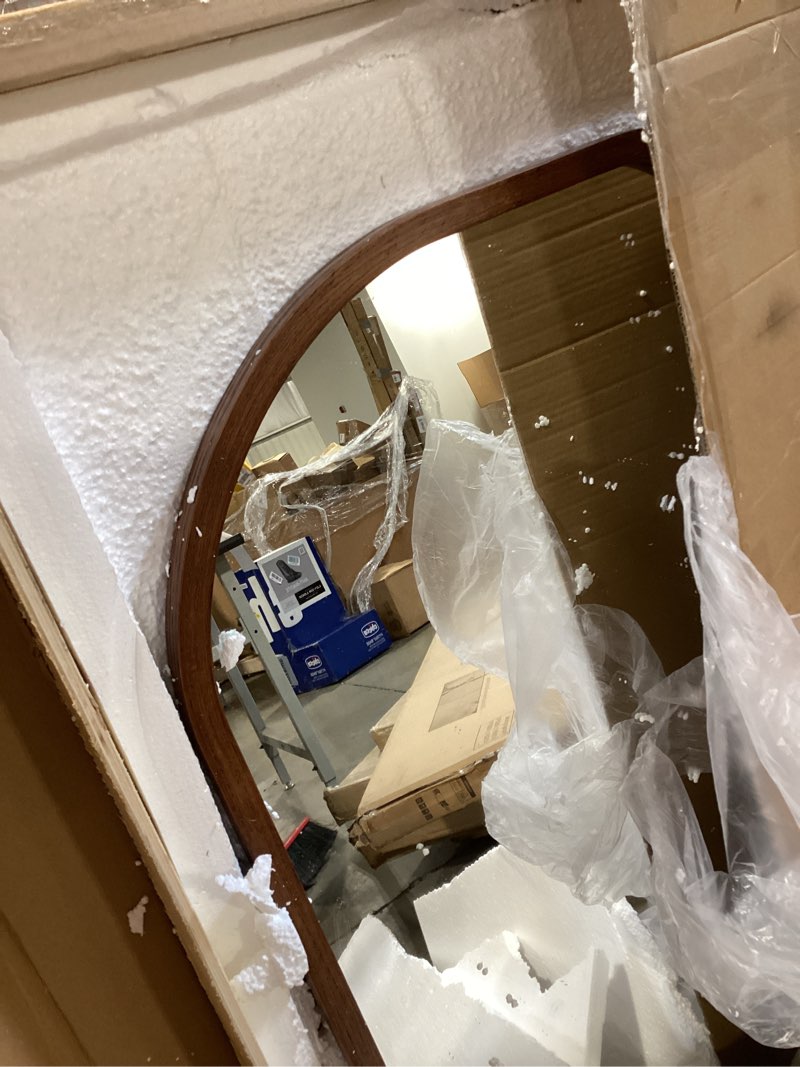 Condition photo showing Good Condition for 40"x28" irregular wall mirror, farmhouse asymmetrical mirror for wall decor, wood frame bathroom mirror for living room bedroom entryway bathroom, vertically, walnut walnut 40"l x 28"w