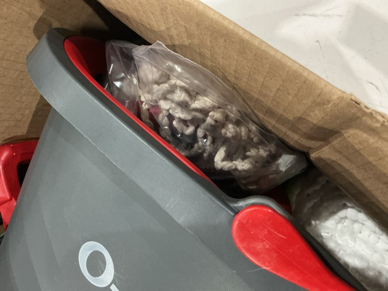 Condition photo showing As Is for o-cedar easywring microfiber spin mop & bucket floor cleaning system + 2 extra refills, red/gray spin mop & bucket with 2 extra refills